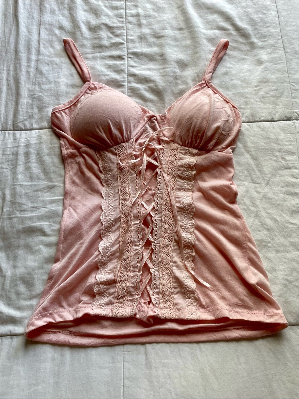 Y2K Baby Pink Lace Up Corset Cami Top Small Medium Coquette Balletcore Romantic